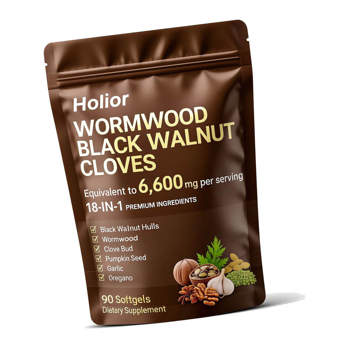 HOLIOR 18-in-1 Black Walnut Wormwood - Herbal Wellness Blend with Clove, Garlic, Turmeric, Pumpkin Seed, Oregano, Berberine & More, Daily Digestive & Gut Balance Support Supplement - 90 Softgels