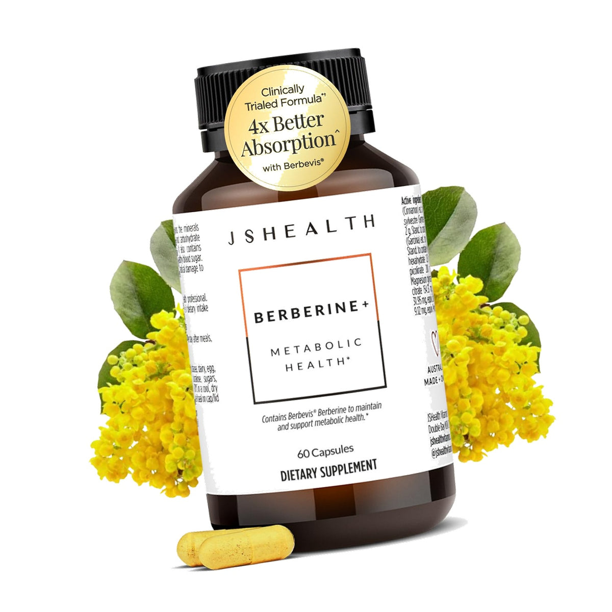 JSHealth Berberine Supplement with Berbevis for Metabolic Health Support. Higher Strength for Blood Sugar Already in the Normal Range and Body Composition. By Nutritionist Jessica Sepel (60 Capsules)