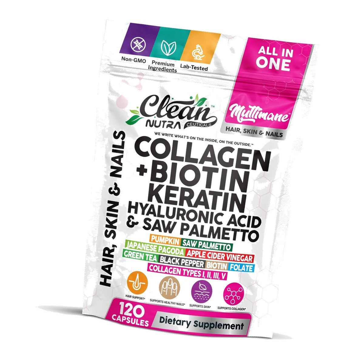 Clean Nutra Multimane Collagen Biotin Keratin Hyaluronic Acid Saw Palmetto Pumpkin Japanese Pagoda Apple Cider Vinegar Green Tea Black Pepper Folate Capsules Hair Skin Nails Formula 120 Count