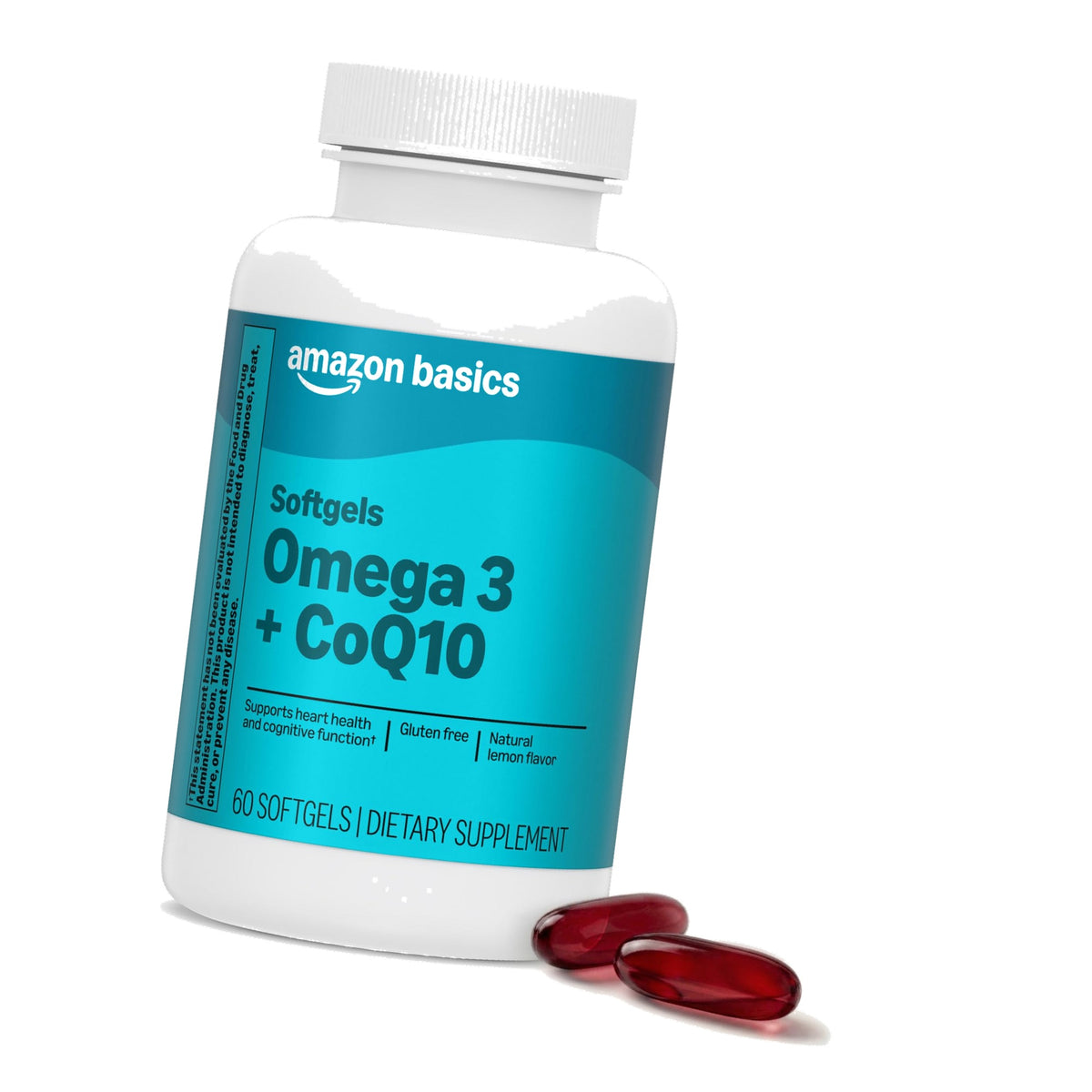 Amazon Basics Omega 3 Wild-Caught Fish Oil + CoQ10 with Natural Lemon Flavor, EPA & DHA Omega-3 Fatty acids, 60 Softgels (1250 mg Omega 3s and 100 mg CoQ10 per Serving) (Previously Amazon Elements)