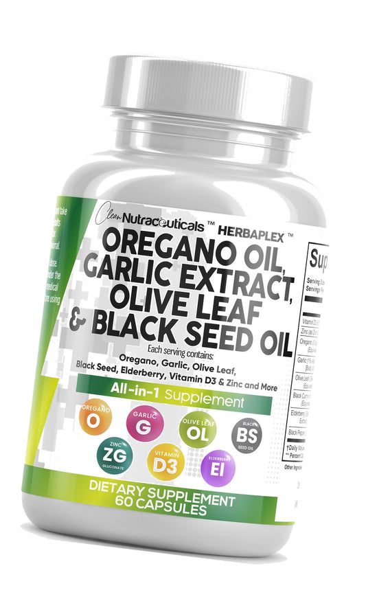 Clean Nutra Oregano Oil with Black Seed Oil Garlic Olive Leaf Extract - Oil of Oregano Capsules Immune Support Carvacrol & Thymoquinone Supplement for Women and Men + Elderberry Vitamin D3 & Zinc