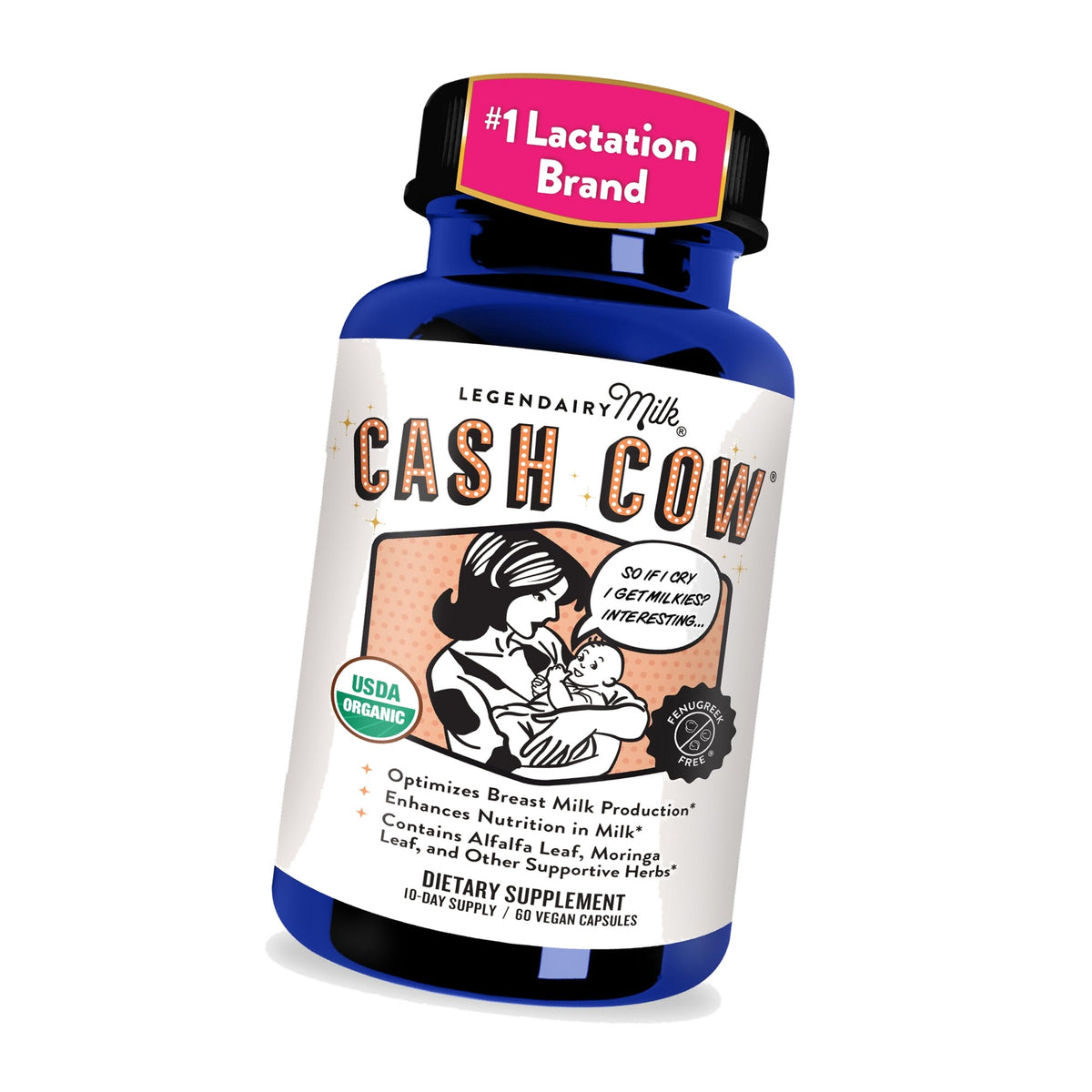 Legendairy Milk Cash Cow Lactation Supplement, Moringa, Alfalfa, and Goat's Rue Breastfeeding Supplement for Milk Supply Increase, Fenugreek-Free, Certified Organic, Vegan, Non-GMO, 60 Capsules