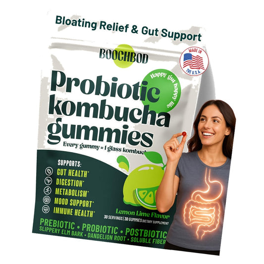 BoochBod - Probiotic Kombucha Gummy - Prebiotics, Probiotics, Postbiotics, Fiber Supplement, Slippery Elm, Dandelion Root, for Bloating, Gut Health - for Women and Men - Lemon Lime (Lemon Lime)