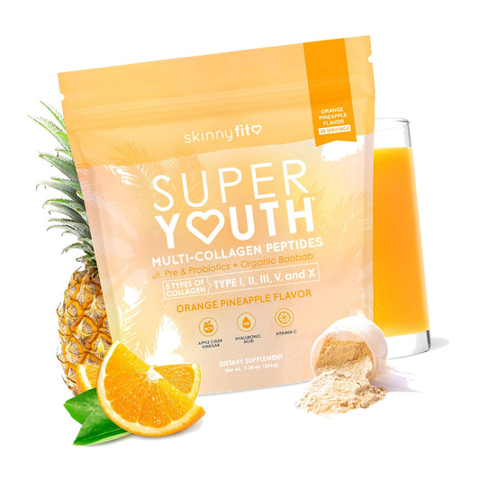 SkinnyFit - Super Youth Collagen for Women - Multi Collagen Peptides Powder - Probiotics, Fiber, Hyaluronic Acid - Non GMO, Gluten Free, Sugar Free - Beauty - Orange Pineapple (28 Servings)