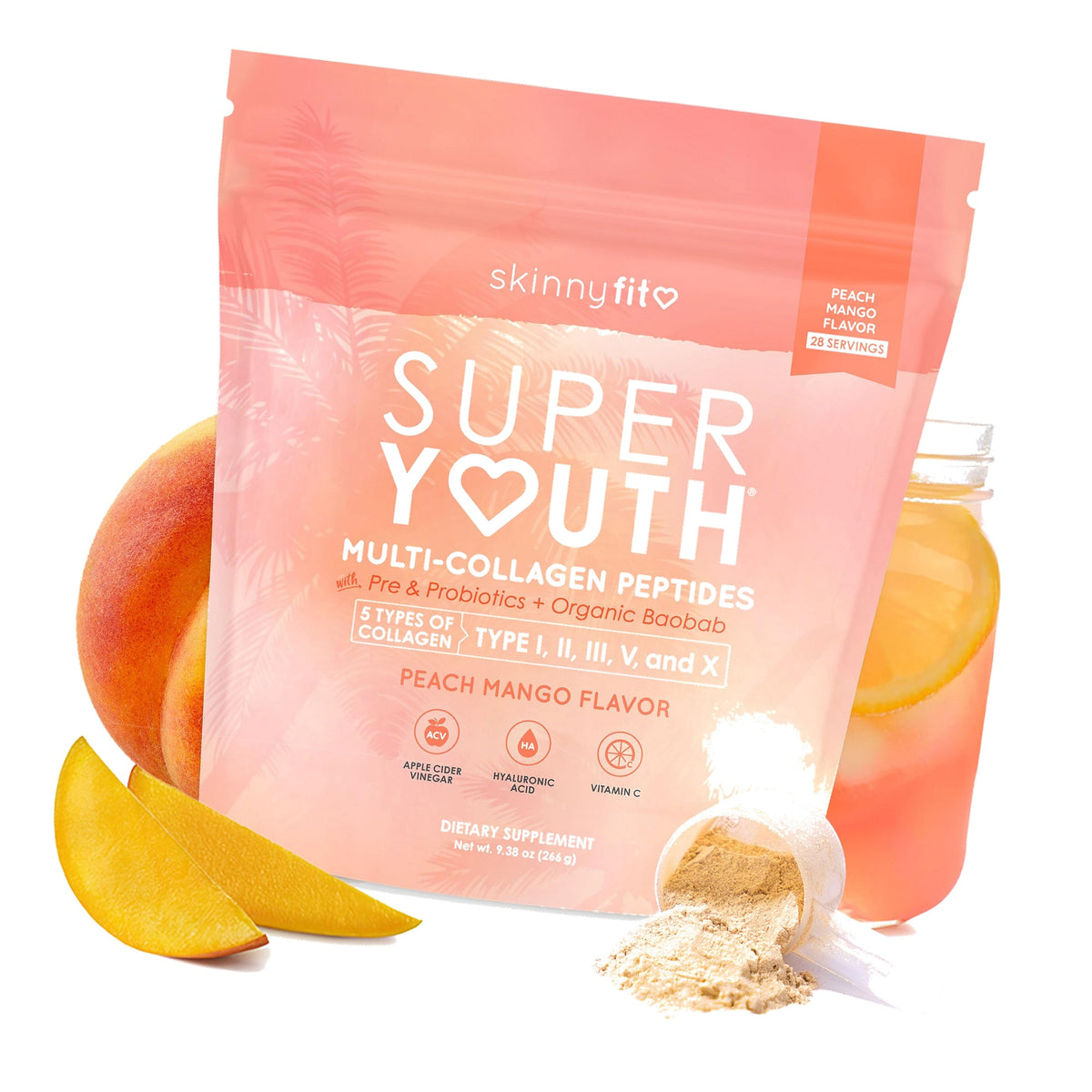 SkinnyFit - Super Youth Collagen for Women - Multi Collagen Peptides Powder - Probiotics, Fiber, Hyaluronic Acid - Non GMO, Gluten Free, Sugar Free - Beauty & Self Care - Peach Mango (28 Servings)