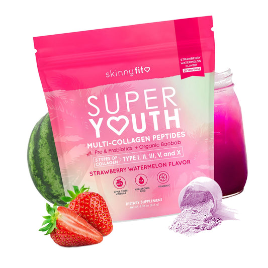 SkinnyFit - Super Youth Collagen for Women - Multi Collagen Peptides Powder - Probiotics, Fiber, Hyaluronic Acid - Non GMO, Gluten Free, Sugar Free - Beauty - Strawberry Watermelon (28 Servings)