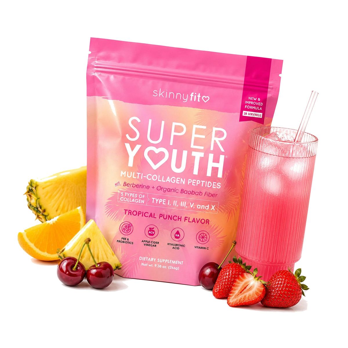 SkinnyFit Super Youth Collagen for Women, Limited Edition Berberine Formula, Multi Collagen Peptides, Baobab Fiber, 13-Strain Probiotics, Hyaluronic Acid, Sugar-Free, Tropical Punch (28 Servings)