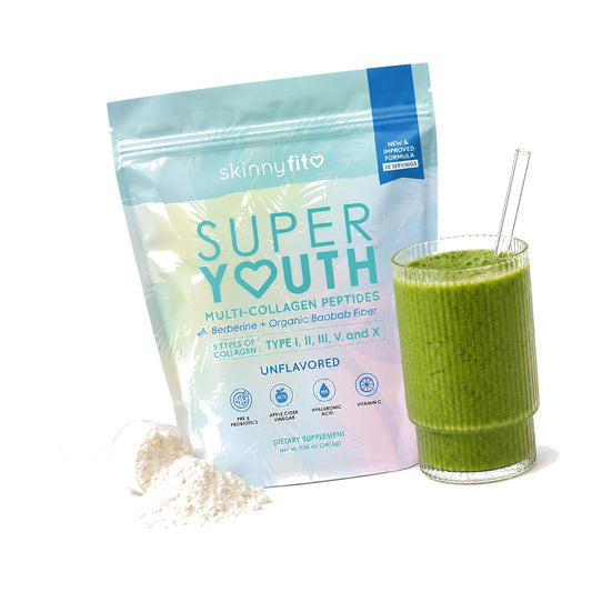 SkinnyFit Super Youth Collagen for Women, Limited Edition Berberine Formula, Multi Collagen Peptides, Baobab Fiber, 13-Strain Probiotics, Hyaluronic Acid, Unflavored (28 Servings)