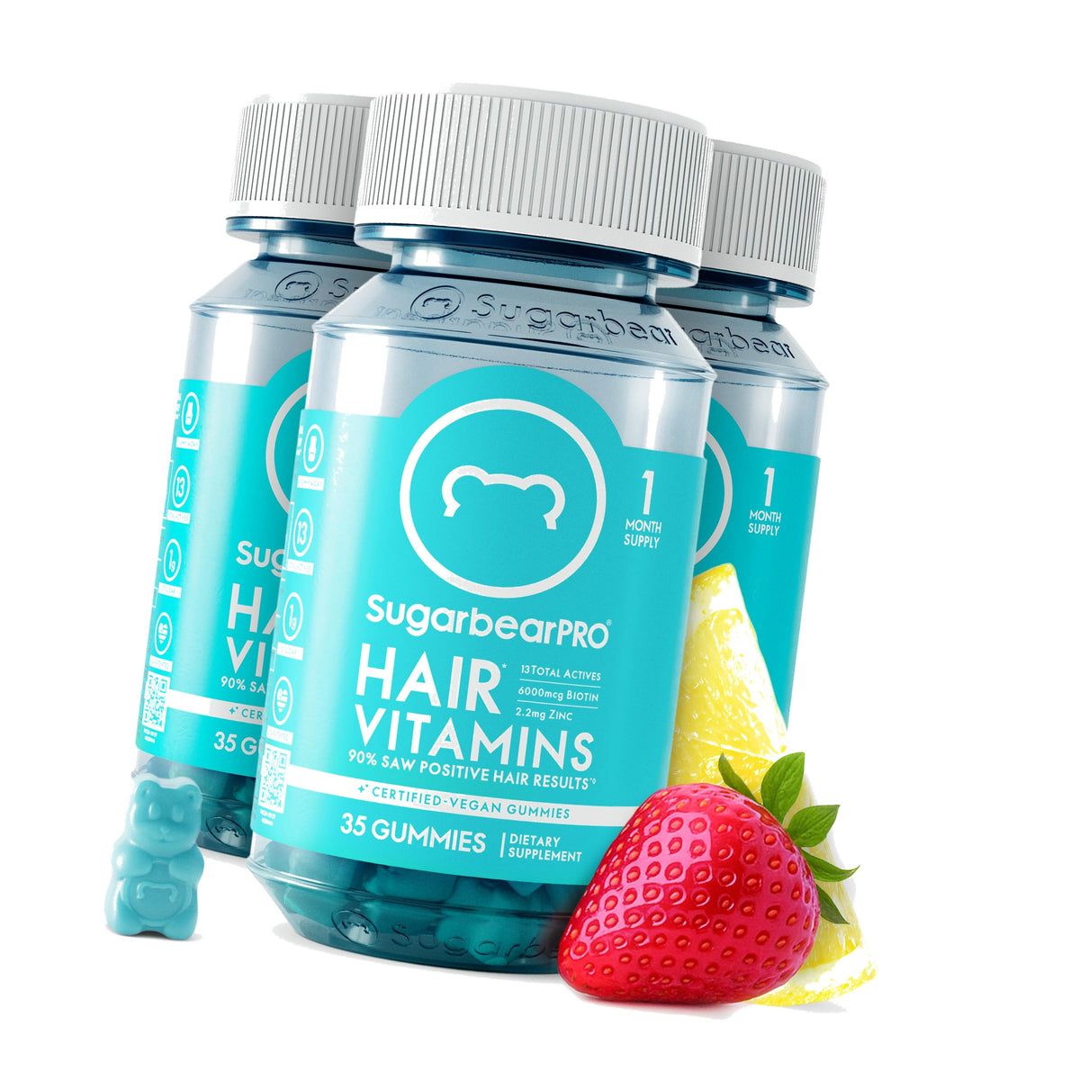 SugarbearPRO Hair Vitamin Gummy 3 Month Supply Extra Strength Biotin 6000mcg, Growth for Men & Women, Vegan Vitamin B12, MSM, Inositol, Omega 3, Elderberry, Certified Kosher, Halal, Cruelty-Free