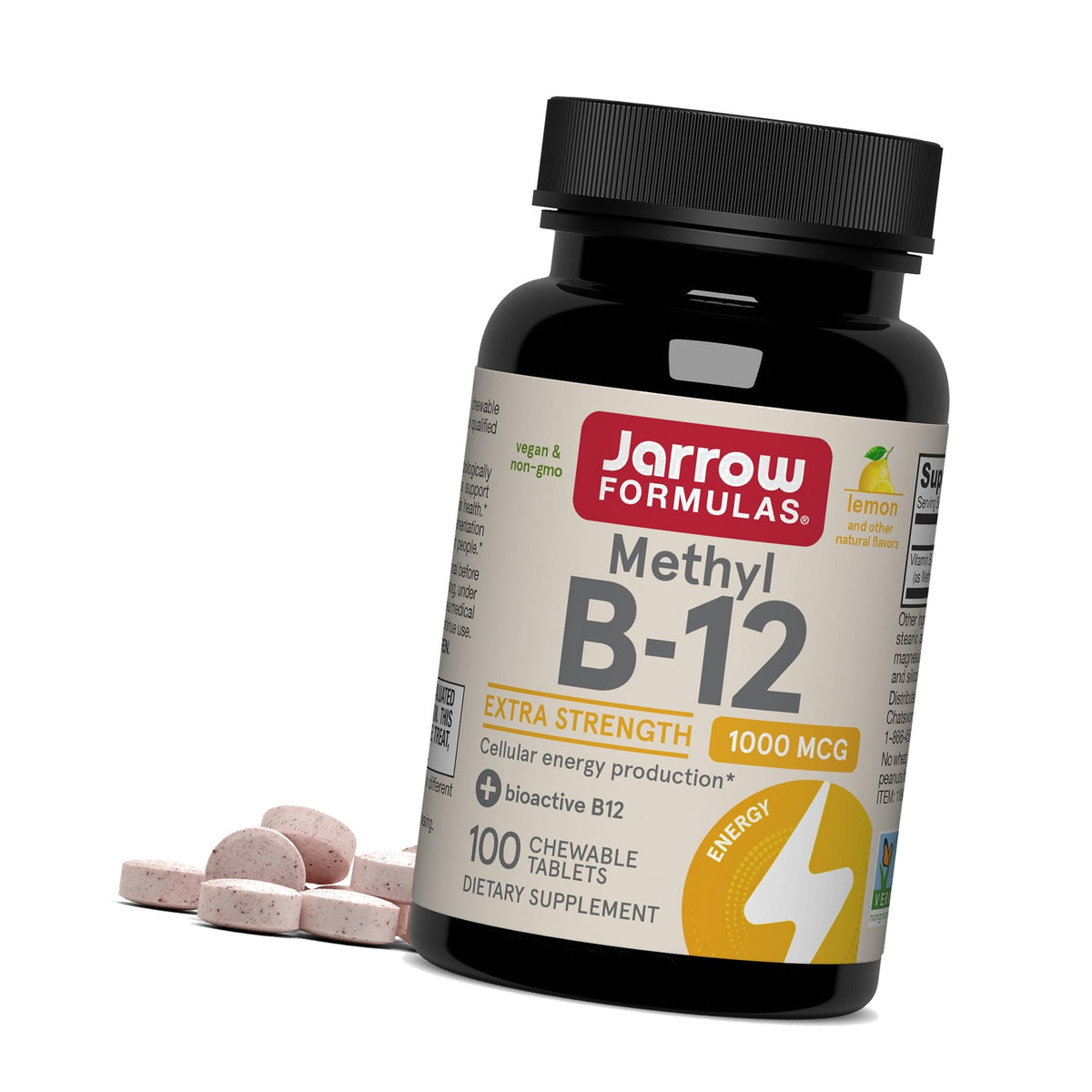 Jarrow Formulas Methyl Vitamin B-12 1000 mcg, 100 Chewable Tablets, Lemon Flavored- Bioactive B12 Vitamin - Supports Cellular Energy Production, Brain Health & Metabolism - 100 Servings