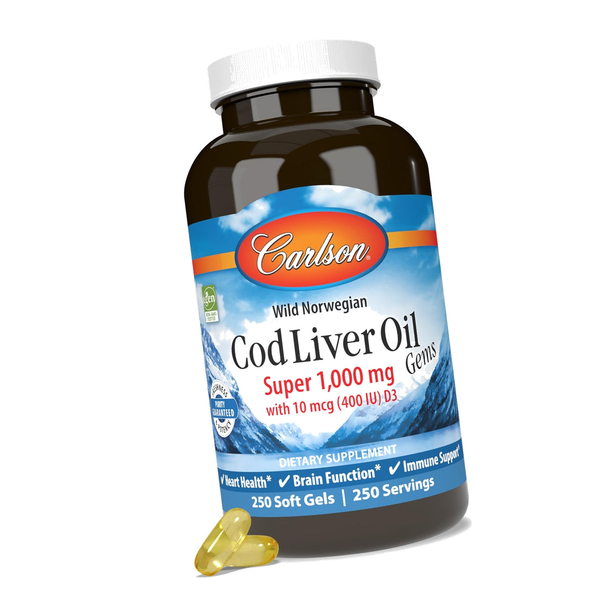 Carlson Cod Liver Oil Gems, Super 1000 mg, 250 mg Omega-3s, 250 Softgels