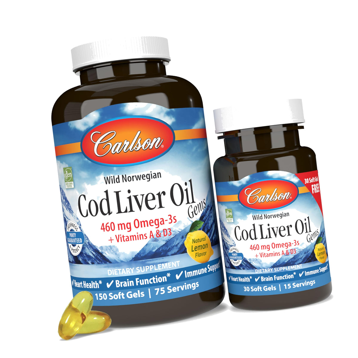 Carlson Cod Liver Oil Gems, 460 mg, Omega-3s, Lemon, 150 + 30 Softgels