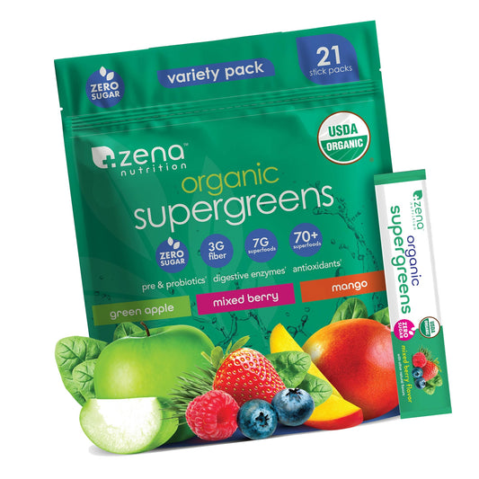 Zena Nutrition Organic Super Greens Powder, Variety Pack, 21 Packets